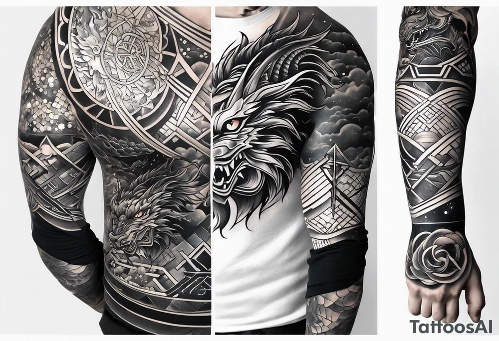 Design a full sleeve tattoo that incorporates a combination of Japanese and geometric themes. Central elements include a fierce dragon intertwined with a katana, symbolizing power and protection, with a samurai warrior standing strong in traditional armor. Surrounding this, integrate a galaxy scene with stars and nebulae, blending into the background to create a cosmic, otherworldly feel. Incorporate geometric patterns like the golden ratio, detailed lines, and precise shapes for structure and flow. Add traditional Japanese waves and delicate sakura blossoms scattered throughout, representing harmony and beauty, all merging into a cohesive design that wraps around the entire arm tattoo idea