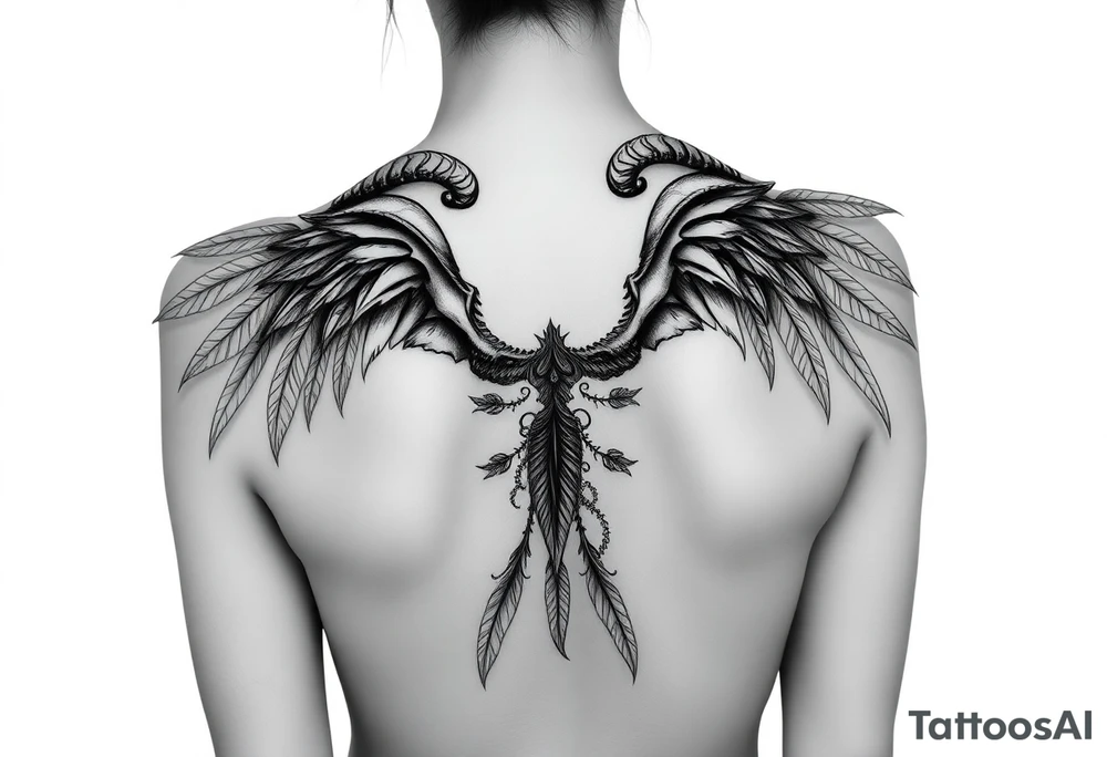 Gothic full body Woman Harpy with horns and lots of feathers tattoo idea