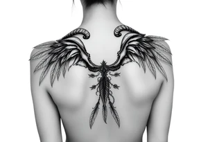 Gothic full body Woman Harpy with horns and lots of feathers tattoo idea