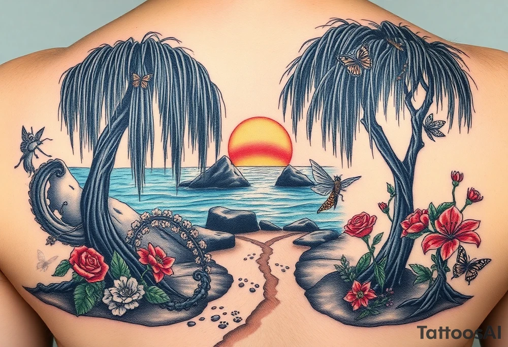 Dark ocean with rocks sunset, weeping willow garden with roses and lilies flower beds. fantasy creatures, fairies, siren, dragonflies, butterflies, cat paw prints path in dirt. tattoo idea