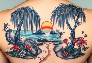 Dark ocean with rocks sunset, weeping willow garden with roses and lilies flower beds. fantasy creatures, fairies, siren, dragonflies, butterflies, cat paw prints path in dirt. tattoo idea