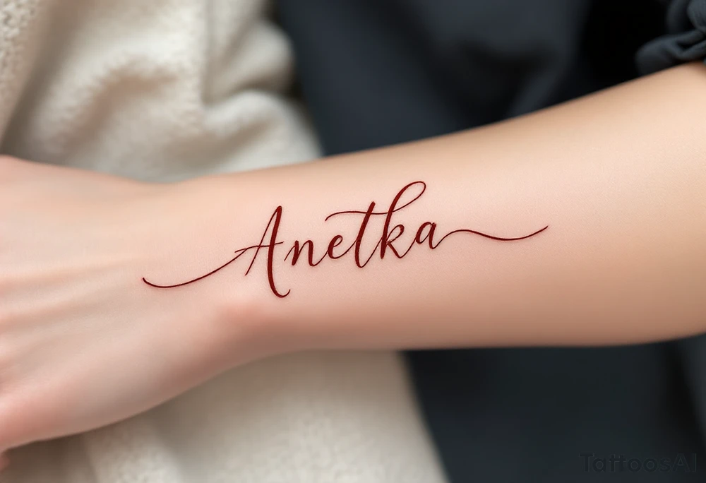 Anetka written on a flowing ribbon, shaded in soft rose gold tones. tattoo idea
