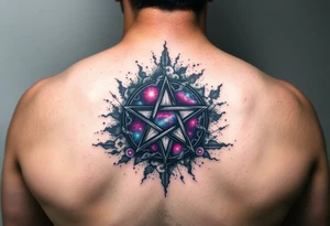 A darkened pentagram encased in swirling cosmic dust, with radiant purple, blue, and pink nebulae. tattoo idea