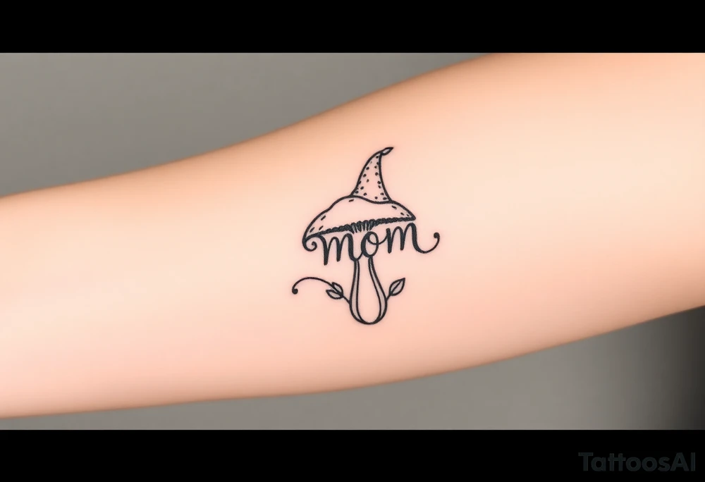 Mushroom with word mom on it with gnome on top tattoo idea
