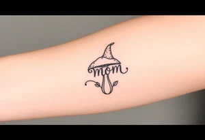 Mushroom with word mom on it with gnome on top tattoo idea