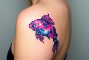 A carp silhouette filled with a galaxy pattern, incorporating deep purples, blues, and twinkling white stars. tattoo idea