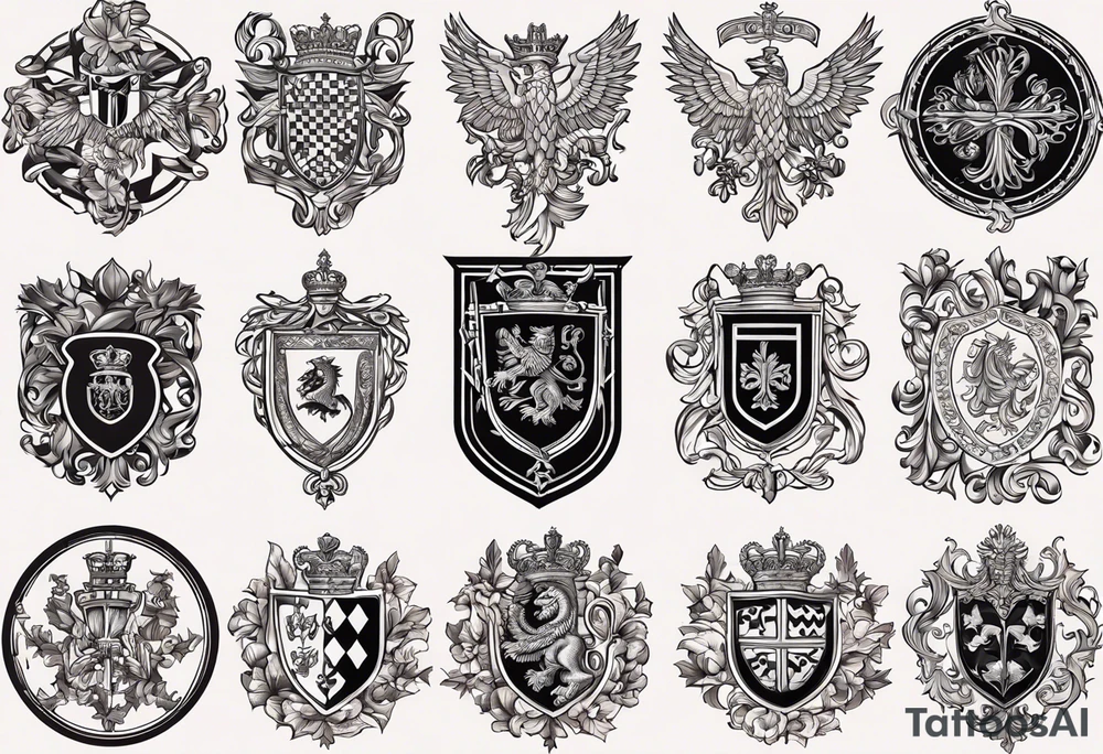 Merge the heraldic elements of england, northern ireland, ireland, scotland, wales, germany, croatia, serbia, slovakia, slovenia, and czech republic intertwined in a harmonious and elegant manner. The design should be symmetrical and suitable for a shoulder placement. tattoo idea