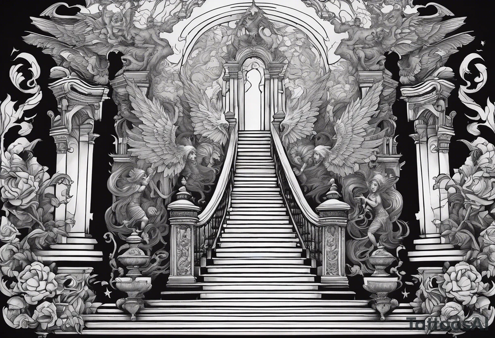 walking through the shadow valley of death with a stair case in the middle and angel at the top of the stairs and lots of demons  surrounding the staircase tattoo idea