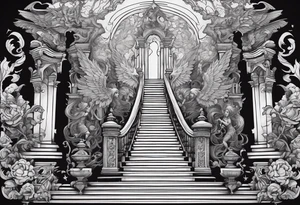 walking through the shadow valley of death with a stair case in the middle and angel at the top of the stairs and lots of demons  surrounding the staircase tattoo idea