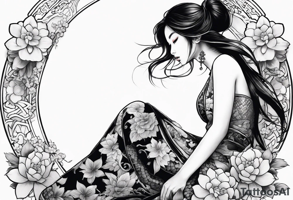 a profile of a girl sitting sideway, sitting on a asian snake surrounded by flowers tattoo idea