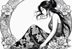 a profile of a girl sitting sideway, sitting on a asian snake surrounded by flowers tattoo idea