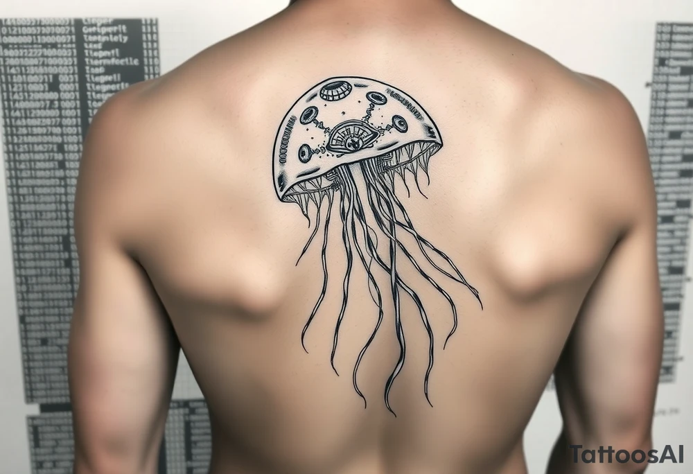 Cybernetic Jellyfish Floating in a Data Stream
A jellyfish with transparent, bio-luminescent skin showing circuits inside.
Its tendrils made of glowing fiber-optic cables.
Floating through a sea of corrupted code. tattoo idea