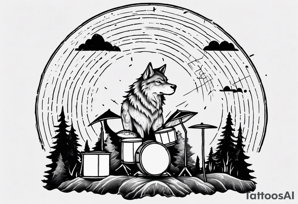 thunderstorm over a forest with a wolf howling on drums tattoo idea thunderstorm over a forest with a wolf howling on drums tattoo idea