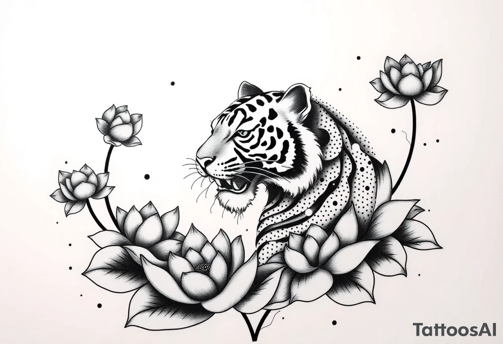 fierce tiger emerging through blooming lotus flowers in mist tattoo idea