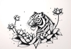 fierce tiger emerging through blooming lotus flowers in mist tattoo idea