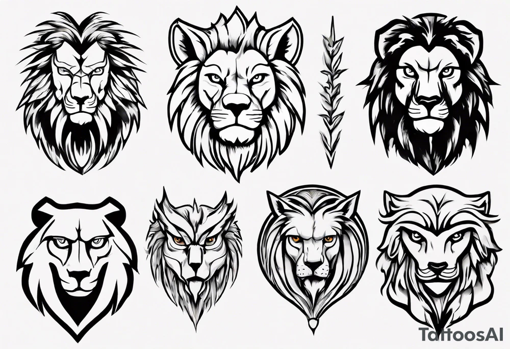 A lion looking forward, with a stern expression. Behind and to the left of the lion, is a wolf looking slightly to the left, with a stern expression. Behind and to the right of the lion, is an owl looking slightly to the right, with a stern expression. tattoo idea