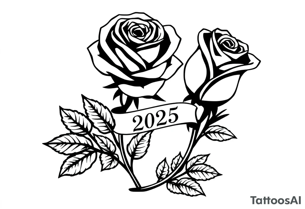 two beautiful large rose buds, one larger than the other, with many leaves next to the rose buds, with one sitting higher than the other. Include a banner connecting the two roses with the year 2025 on it.   Use dark outlines with little shading. The two stems should be short, not long, and connect and join into one stem, whimsically curved or twisted - not straight down. tattoo idea