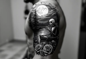 jack skellington smoking and fishing, on a boat of roses, cloudy sky, full moon, birds,pine trees, river tattoo idea