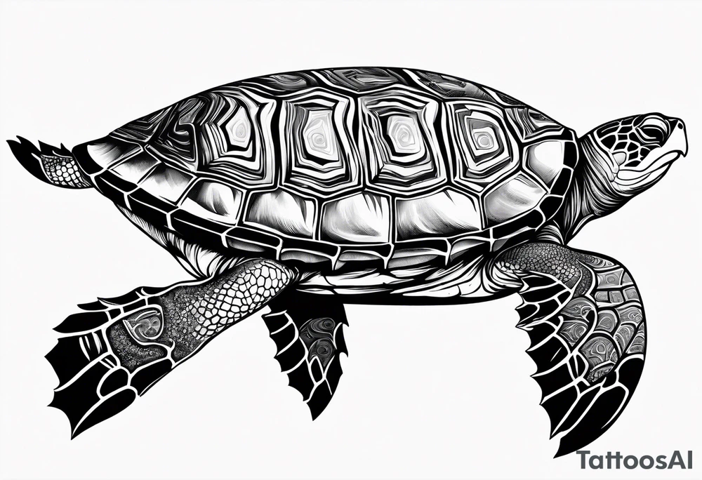 A serene turtle swimming underwater, detailed shell patterns visible, symbolizing patience and longevity.” tattoo idea