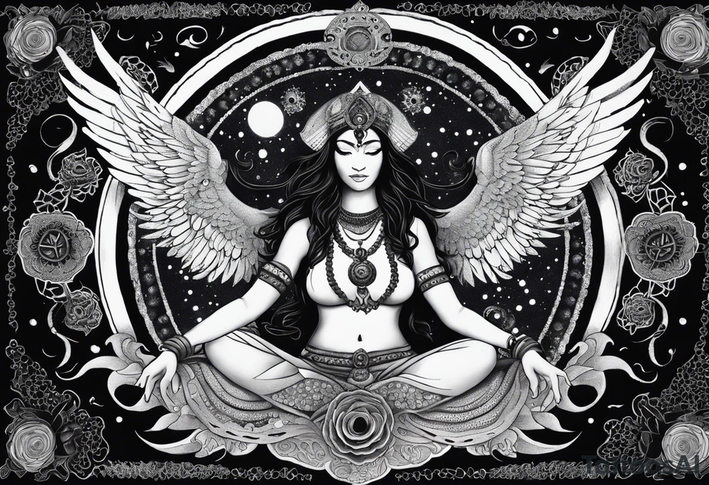 black kali, goddess pirate, alien, angel, pachamama, valkrye, warrior, flying, skull, lotus azul, wing, eagle, zenza resonance, stars, 5D, anahata chakra, death, durga, riding on a tiger, flying lady, kundalini, chest tatoo, samuri, rebel, serpent tattoo idea