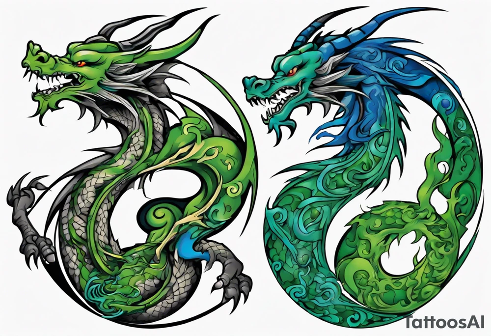 ying yang dragon half blue half green tattoo idea