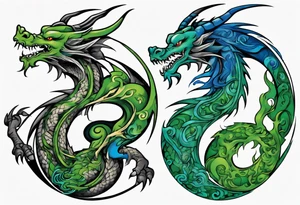ying yang dragon half blue half green tattoo idea