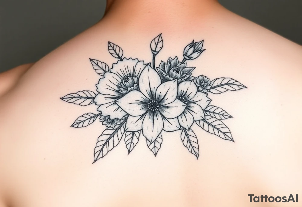 Bouquet of flower that represents the birth month flowers of February,April,July,August,September,October,November and December tattoo idea