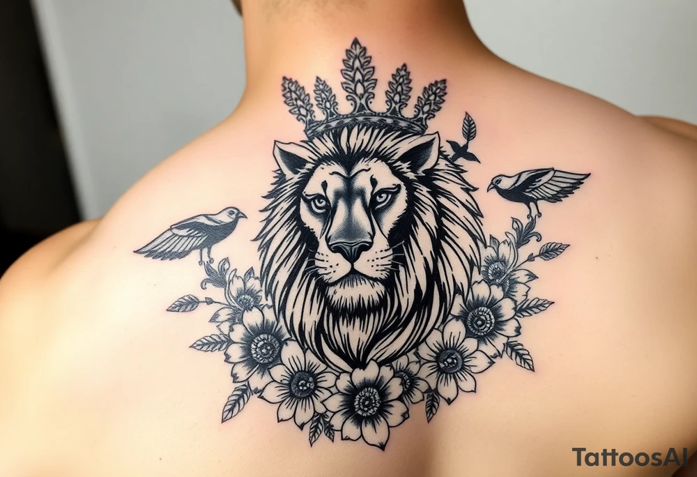powerful majestic lion with a crown, surrounded by floral ornaments and birds tattoo idea