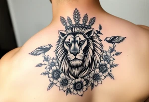 powerful majestic lion with a crown, surrounded by floral ornaments and birds tattoo idea