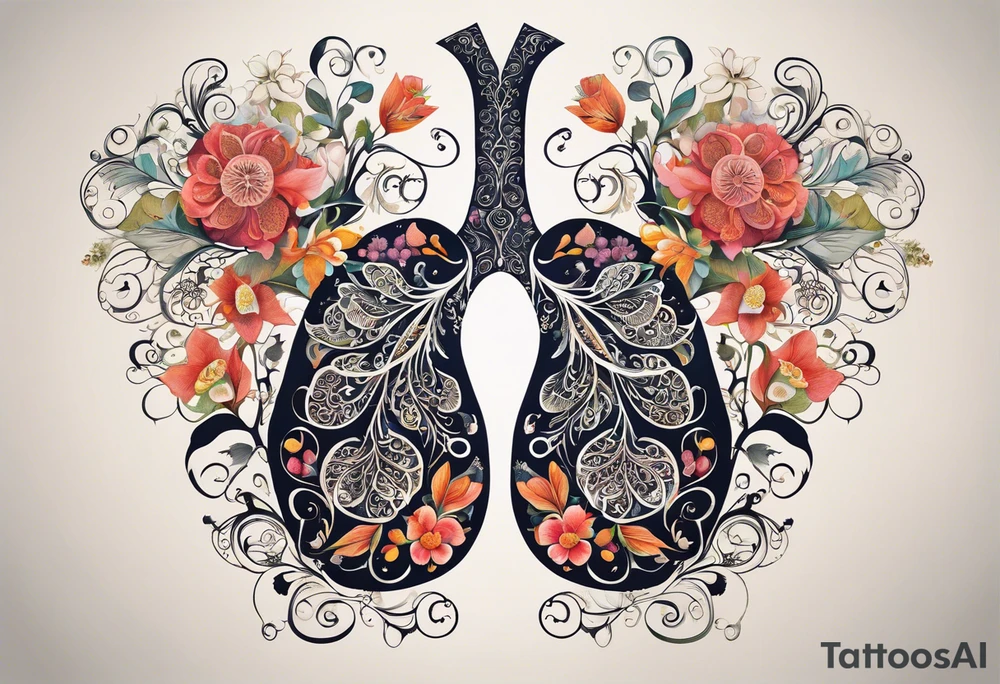 intricate and artistic arrangement of flowers and ornamental patterns that come together to form the shape of human lungs. The design should have a balance of delicacy and detail, with vibrant floral elements seamlessly intertwining to mimic the structure of the lungs, including the bronchi branching into floral motifs. Incorporate subtle shading and depth to give the tattoo a dynamic and organic feel, while maintaining elegance and symmetry tattoo idea
