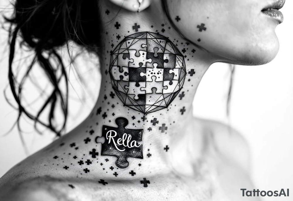 Puzzle piece tattoo on side of the neck that says Rella in the middle tattoo idea