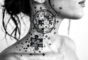 Puzzle piece tattoo on side of the neck that says Rella in the middle tattoo idea