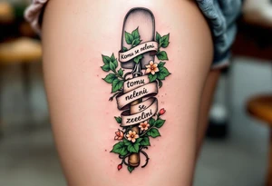 "Komu se neleni, tomu se zeleni." — Lush green vines wrapping around a pair of hard-working hands holding a trowel, with the phrase blooming along the handle. tattoo idea