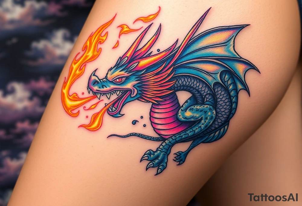 fierce dragon breathing iridescent fire against stormy skies tattoo idea