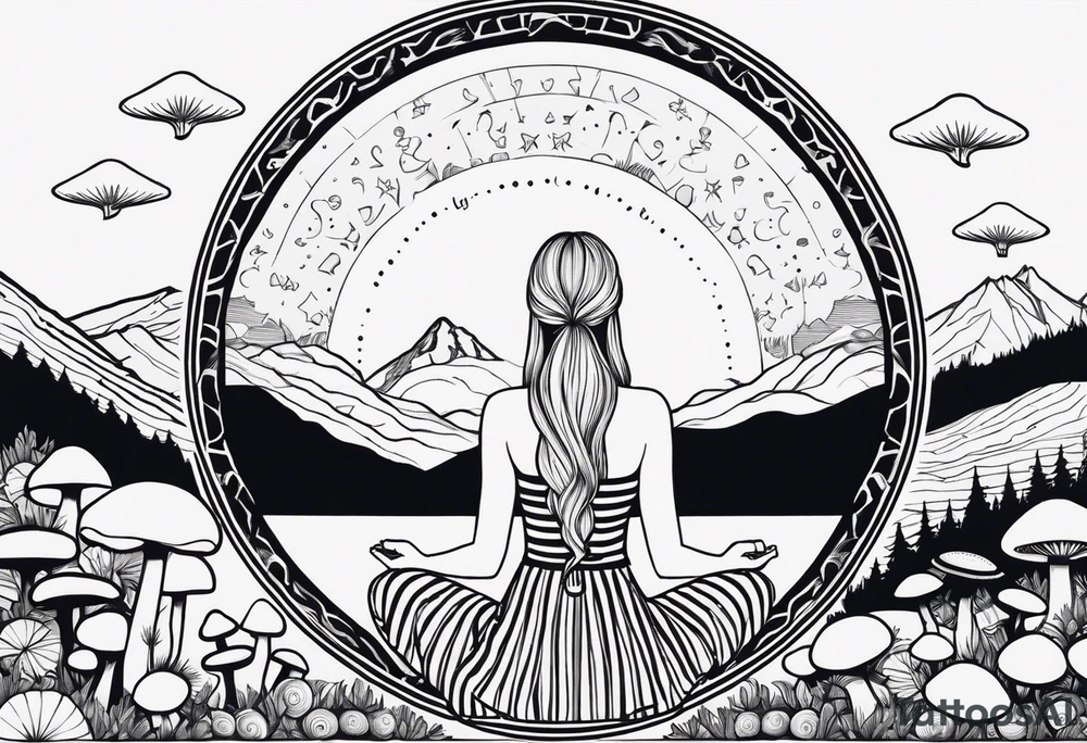 Straight blonde hair girl meditating facing away toward mountains surrounded by mushrooms crescent moon mandala circular design black and white striped dress tattoo idea