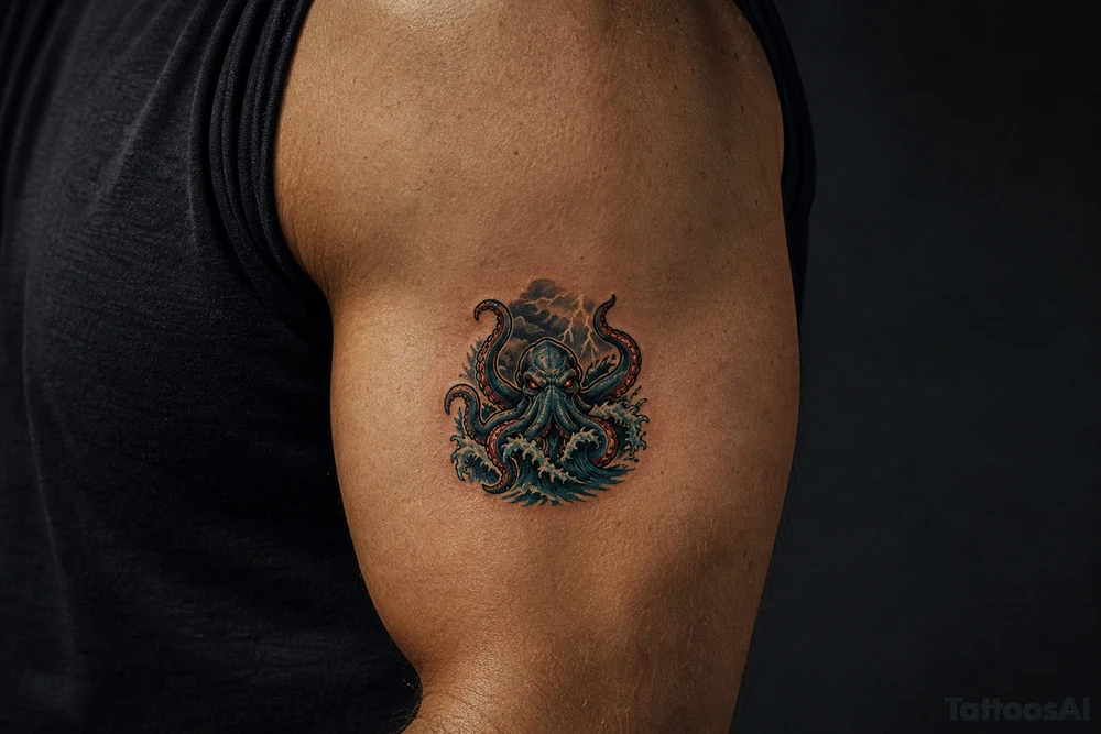 A powerful kraken-like water demon, tentacles emerging from stormy waves. tattoo idea