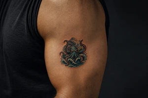 A powerful kraken-like water demon, tentacles emerging from stormy waves. tattoo idea