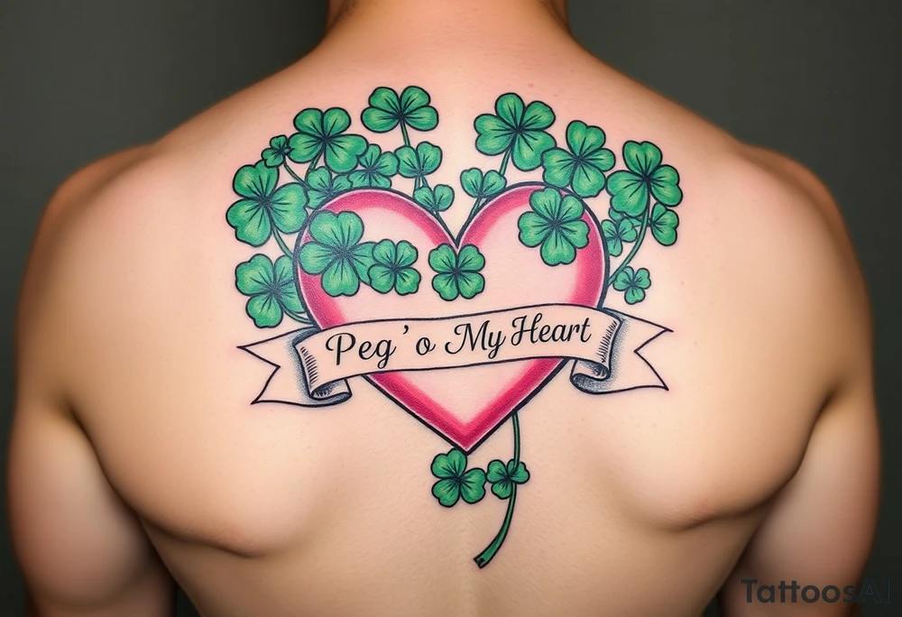Bunch of Green shamrocks with a big pink heart and a banner across the heart that says " Peg 'o My Heart" tattoo idea