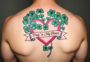 Bunch of Green shamrocks with a big pink heart and a banner across the heart that says " Peg 'o My Heart" tattoo idea