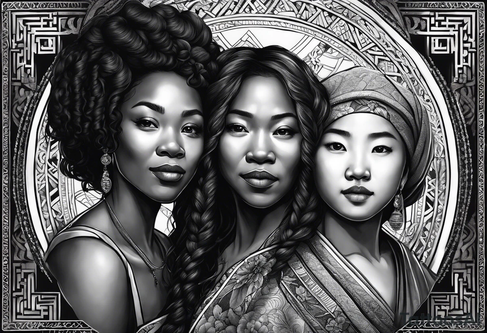 three  people side by side. a really really young black Daughter on the left, a wiht mother in the middle, really really old asian grandmother on the right. greater age difference, in an artfully decorated frame tattoo idea
