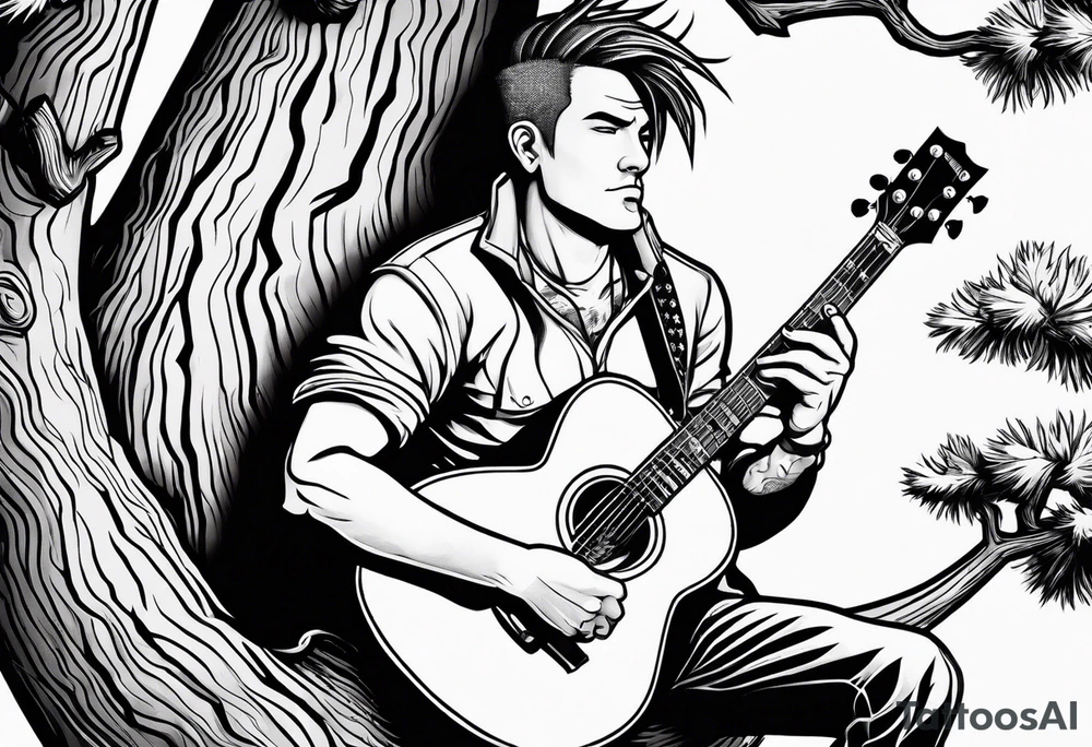 a cartoon drawing of a man sitting in a pine tree playing electric guitrar tattoo idea