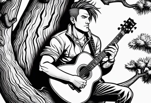a cartoon drawing of a man sitting in a pine tree playing electric guitrar tattoo idea