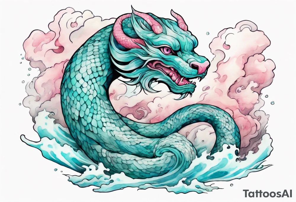 a gentle turquoise and pink Falkor serpent hybrid emerging from the stormy sea tattoo idea