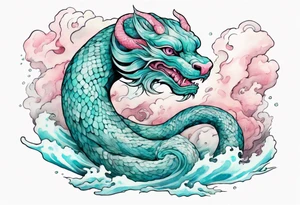 a gentle turquoise and pink Falkor serpent hybrid emerging from the stormy sea tattoo idea