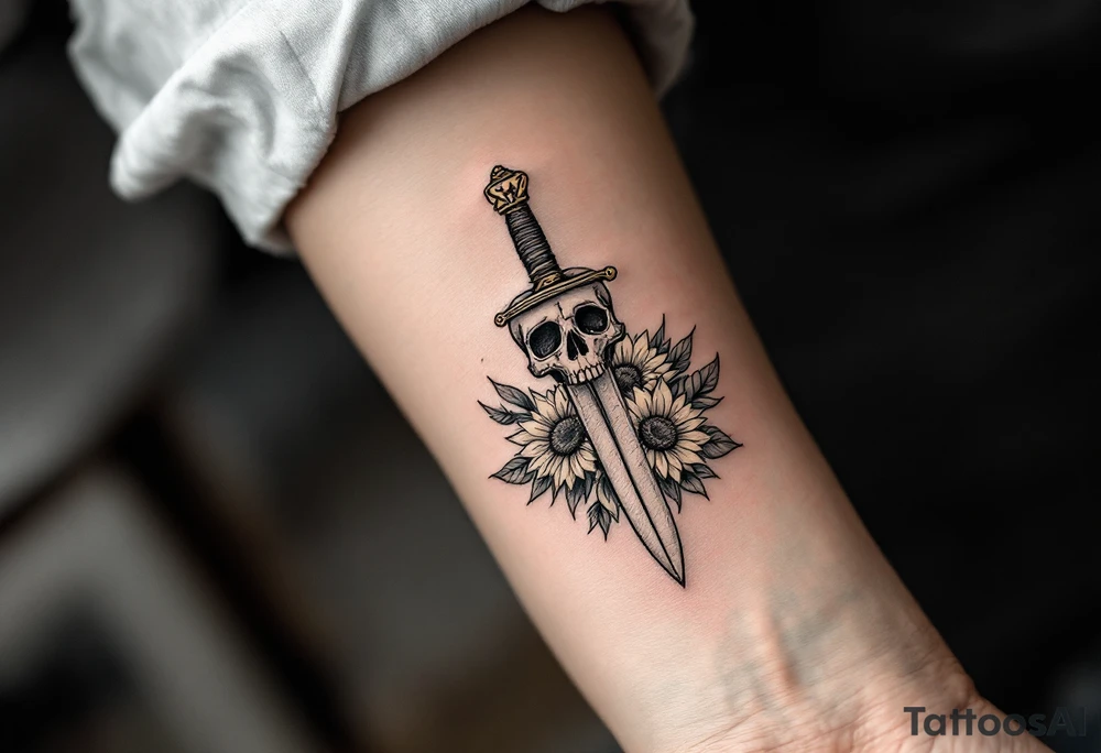 Skull, heart piercing a dagger with roses and sunflowers tattoo idea