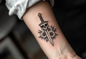 Skull, heart piercing a dagger with roses and sunflowers tattoo idea