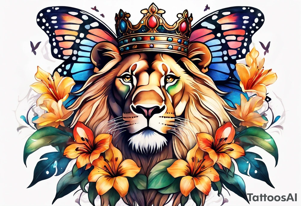 African lion covered in lilies butterflies crown tattoo idea