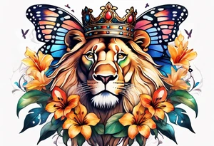 African lion covered in lilies butterflies crown tattoo idea