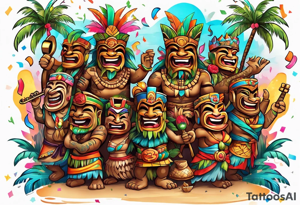 tiki party with dancing tiki guys and sexy tiki girls with music notes and confetti tattoo idea