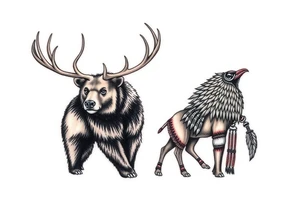 Indigenous, Majestic, and Powerful male Goliath Grizzly Bear and an Indigenous, Majestic, and Powerful King Elk standing guard for an Indigenous, Majestic, and Powerful Raven haired Warrior Squaw tattoo idea